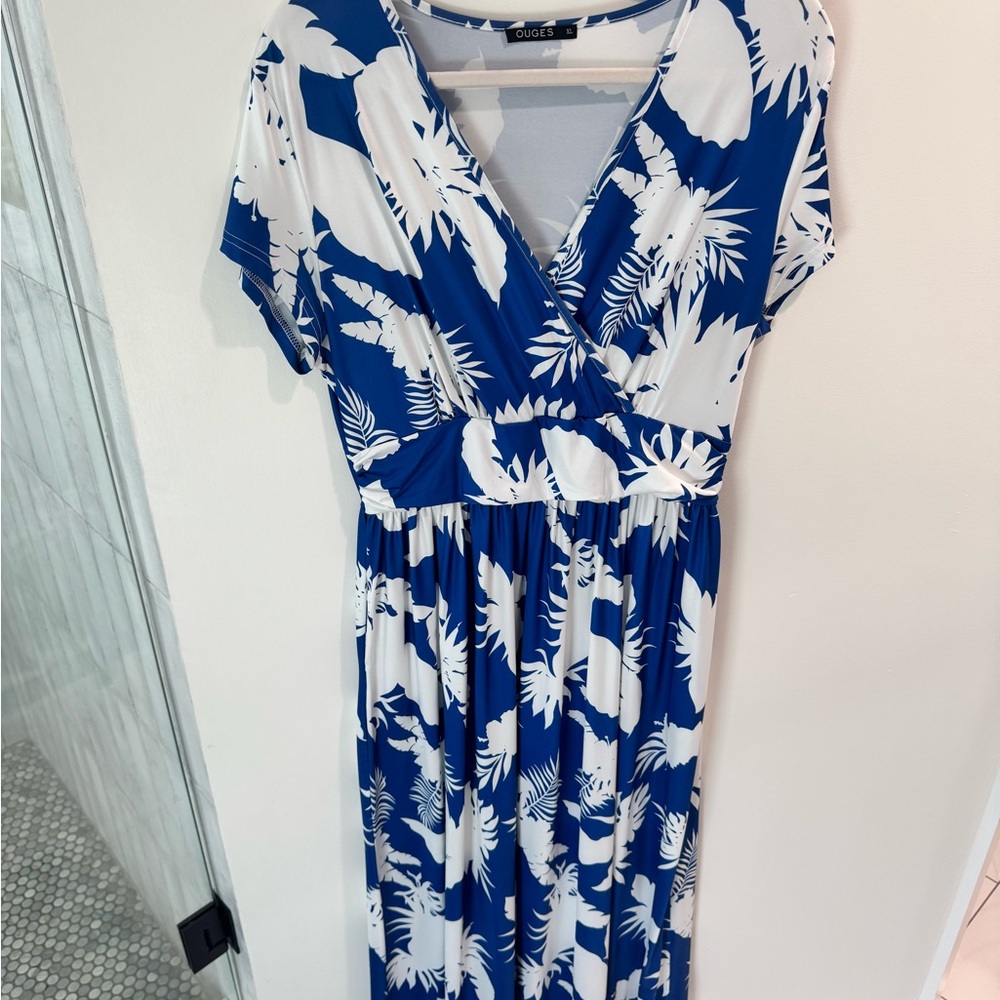 Tropical Blue and White Floral Maxi Dress